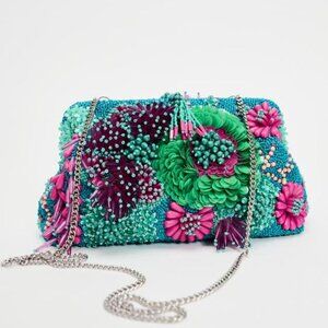 Zara Floral Beaded Silver Chain Strap Multicolor Embellished Crossbody Bag
